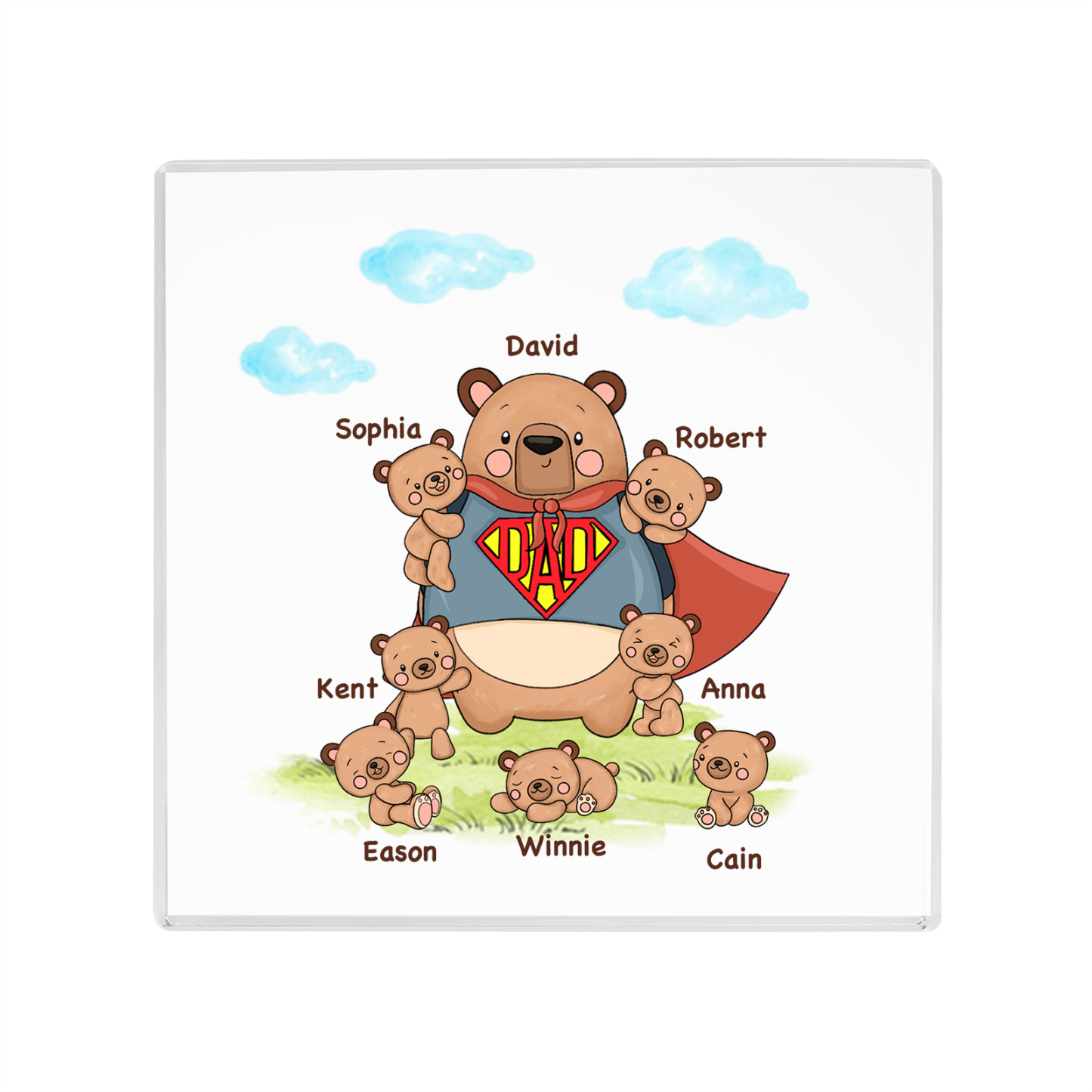 8 Names-Personalised Super Bear Family Acrylic Keepsake-Custom Text and Names-Acrylic Plaque Home Decoration Gift for Dad/Grandad