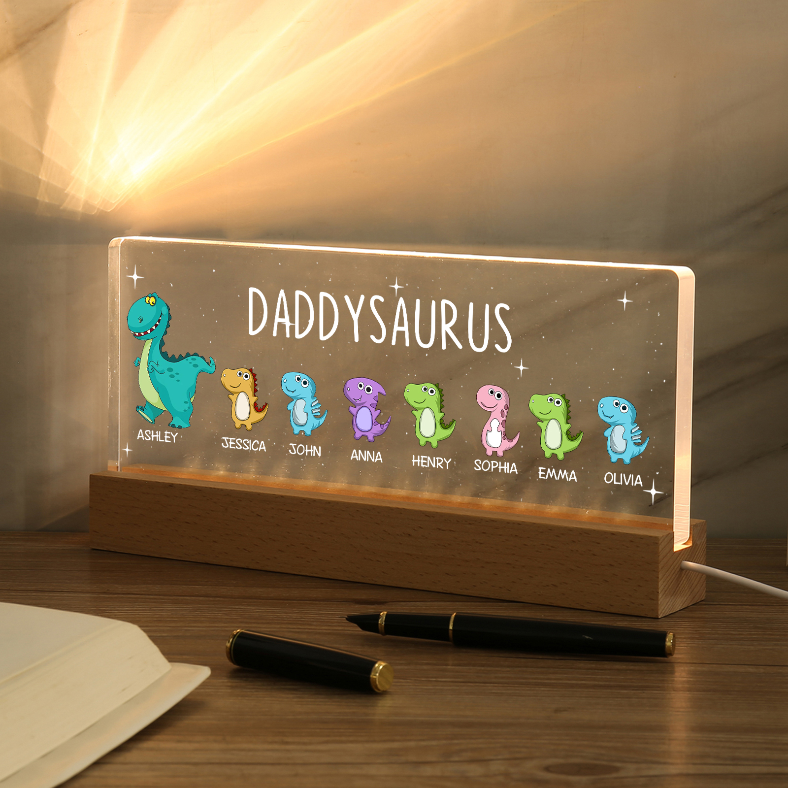 8 Names - Personalised Cute Dinosaur Pattern Beautiful Table Lamp Father's Day Gift for Dad