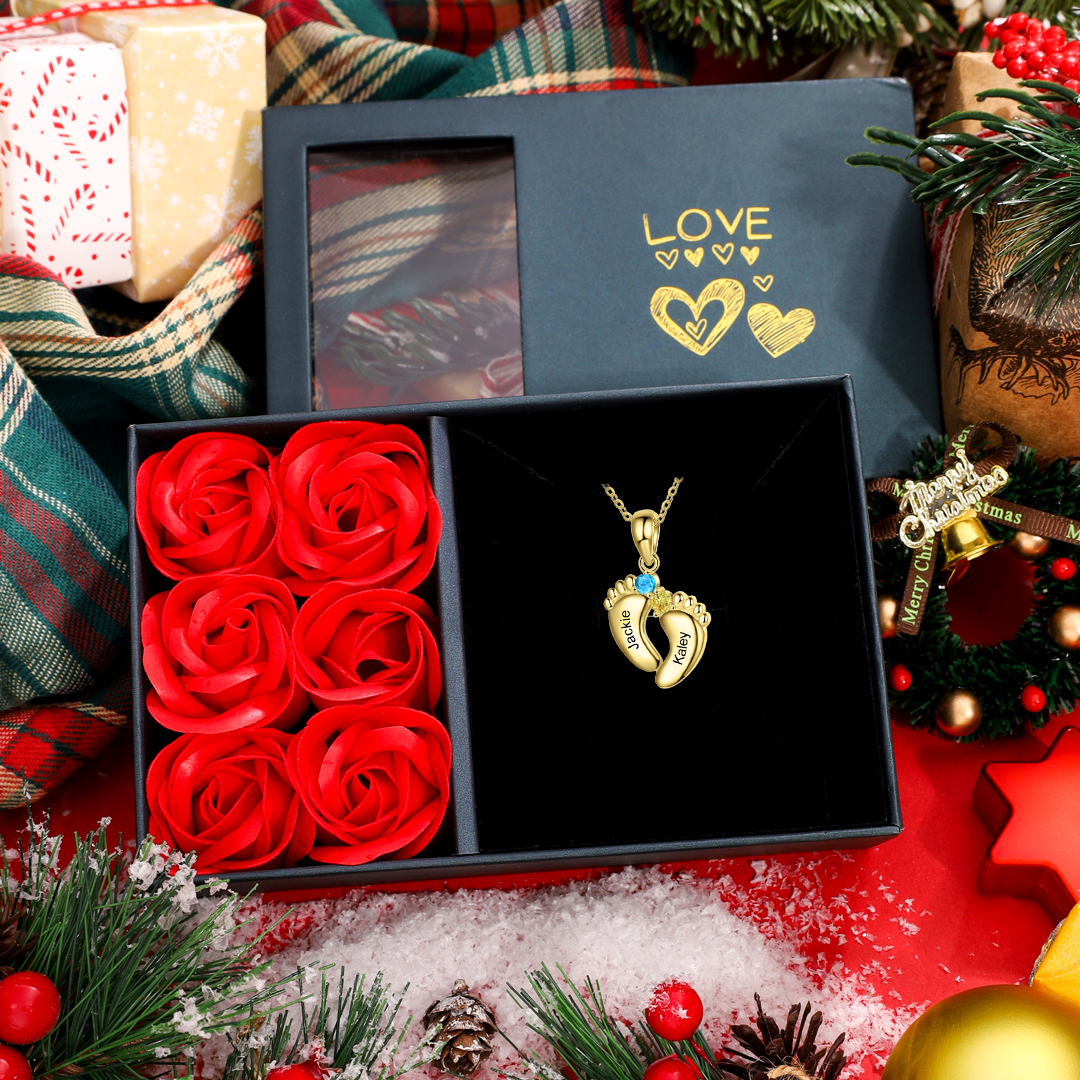 2 Names-Personalised Baby Foot Necklace Gift Set With Rose Box-Custom Women Necklace With 2 Birthstones Engraved Names Gift For Mother/Her