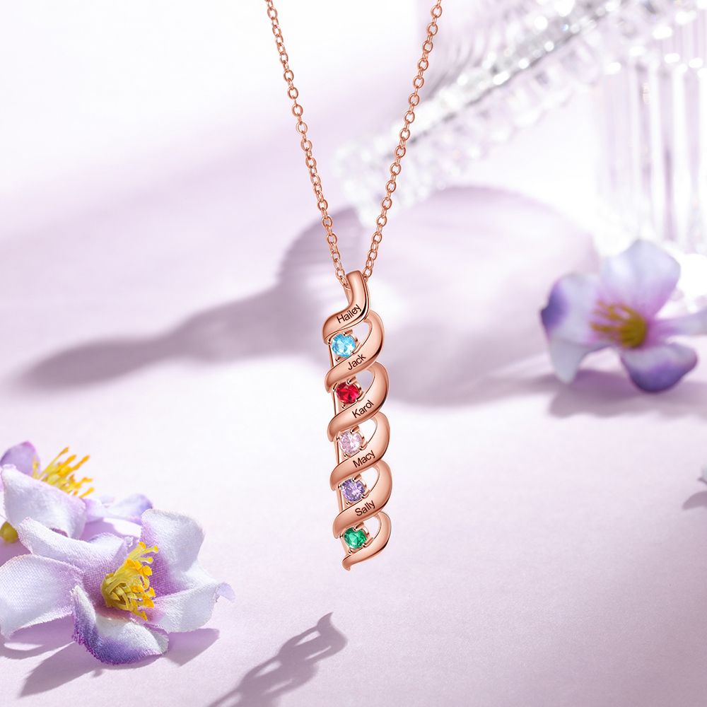 5 Names-Personalised Necklace Cascading Pendant with 5 Birthstones Engraving 5 Names Gifts for Her