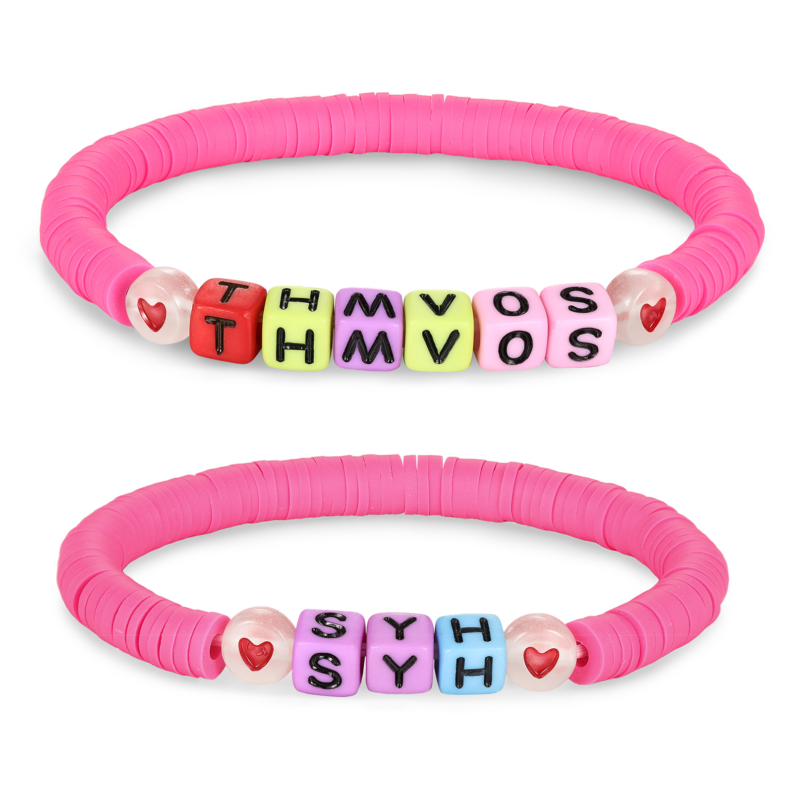 2PCS Personalized 2 Name Elastic Cord Square Handmade Bracelet with Card Gift Box, Back to School Gift for Daughter