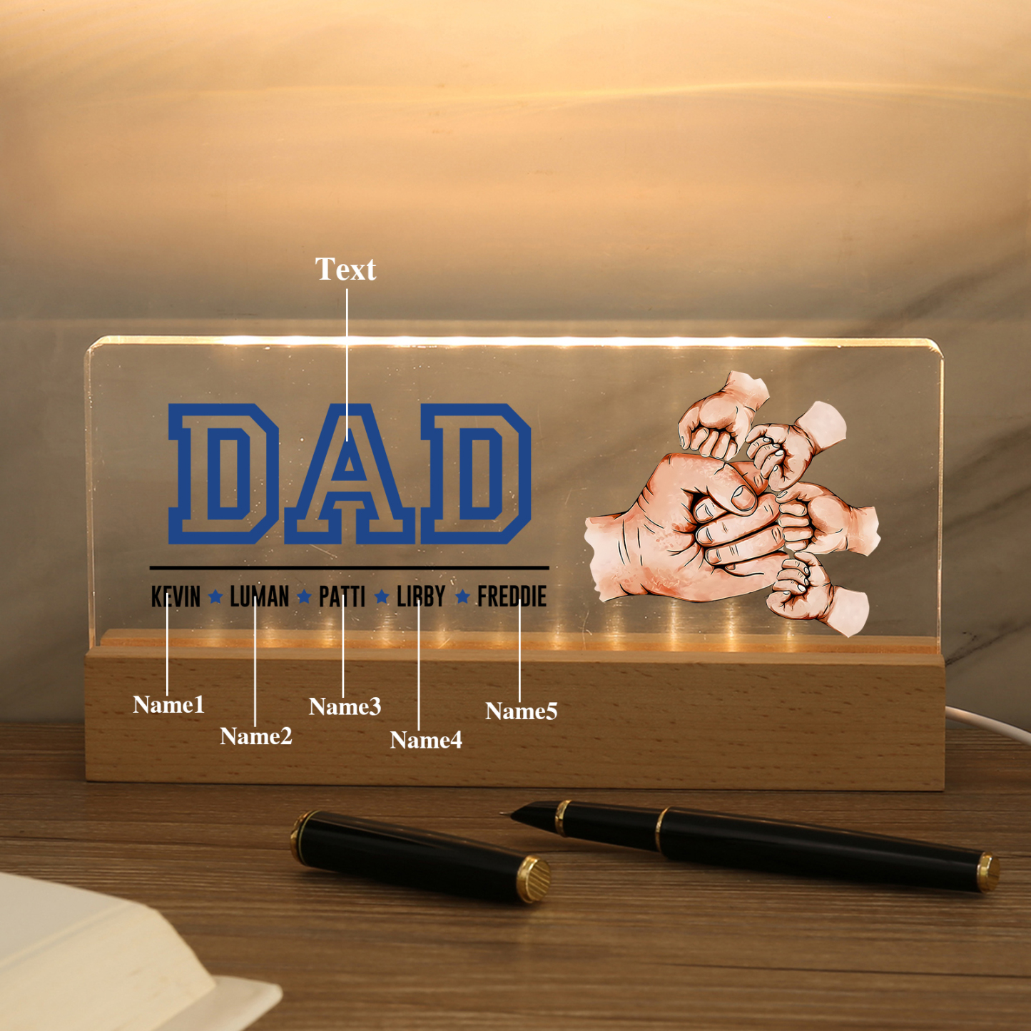 5 Names - Personalised Fist Bump Table Lamp - Dad's Dream Team - Father's Day Gift for Dad
