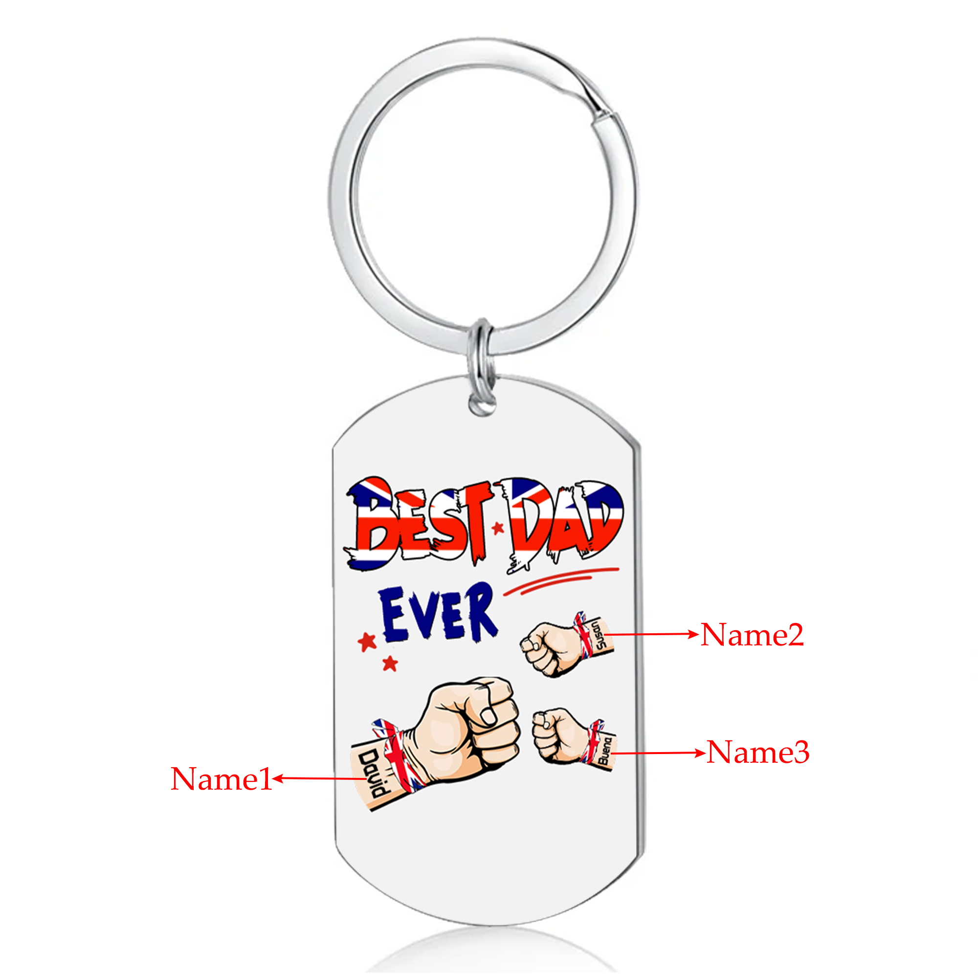3 Names - Personalised Fist Bump Pattern Keyring Custom Name Gift for Dad