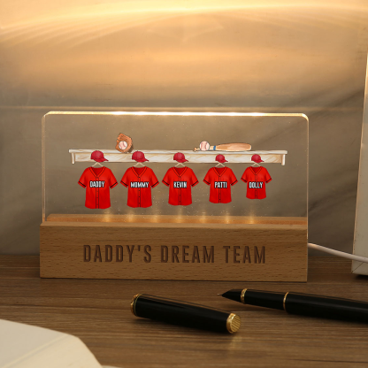 5 Names - Personalised Baseball Jersey Desk Lamp - Dad's Dream Team - Father's Day Gift for Dad