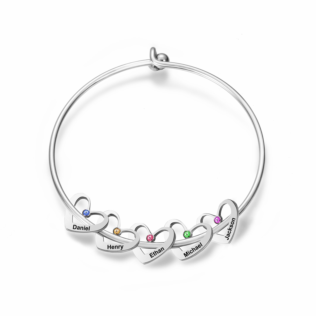 Personalised Heart Bangle With 5 Names and Birthstones Bangle Bracelet Mother's Day Gifts For women