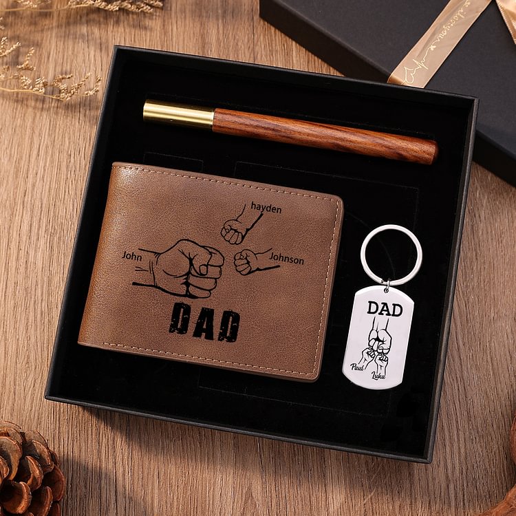 Personalised 3 Names Fist Bump Gift Set Custom Wallet & Keychain & Pen Gift Box Set Father’s Day Gift