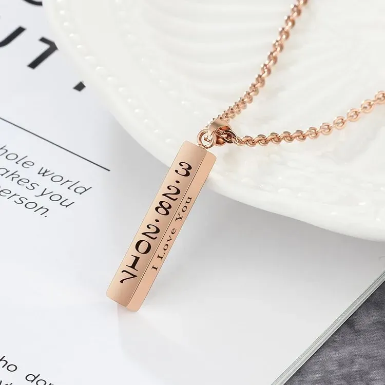 Vertical Bar Necklace Engraved 4 Side 3D Bar Necklace with 4 Names Personalized Women pendant