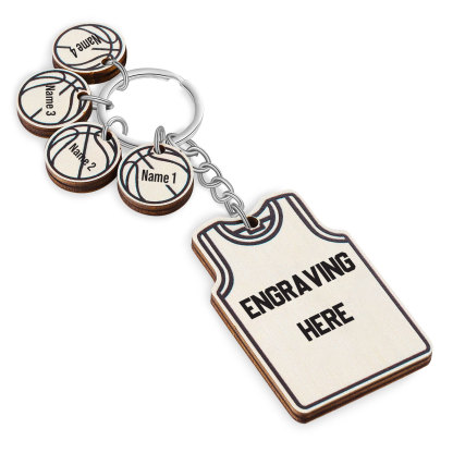 Personalised Text and 4 Names Wooden Basketball Keyring For Dad