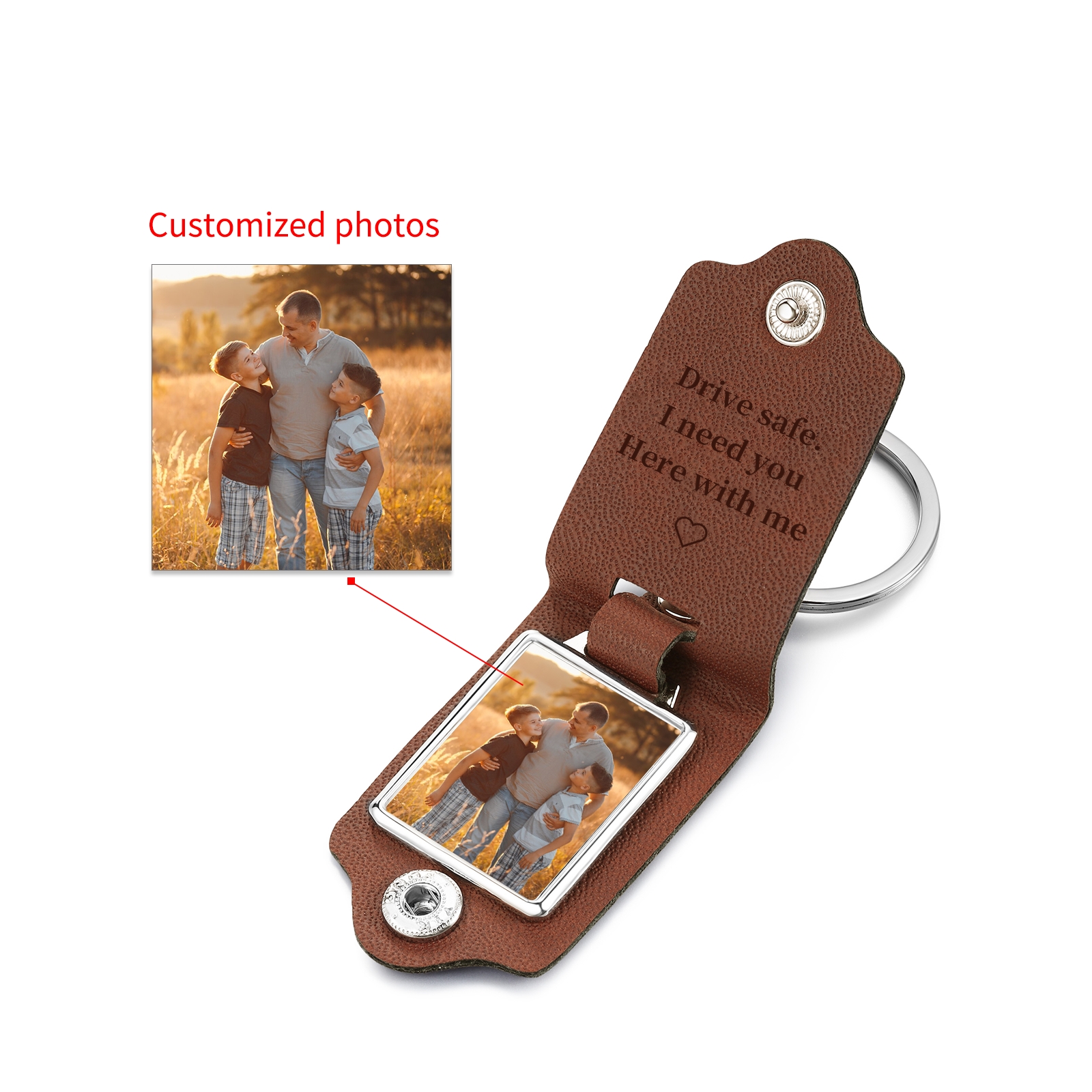 Personalised Text & Photo Men's Leather Keyring - Drive Safely - For Dad
