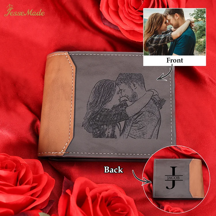 Personalised Name Leather Couple Wallet Engraved Letter And Photo Gift For Him