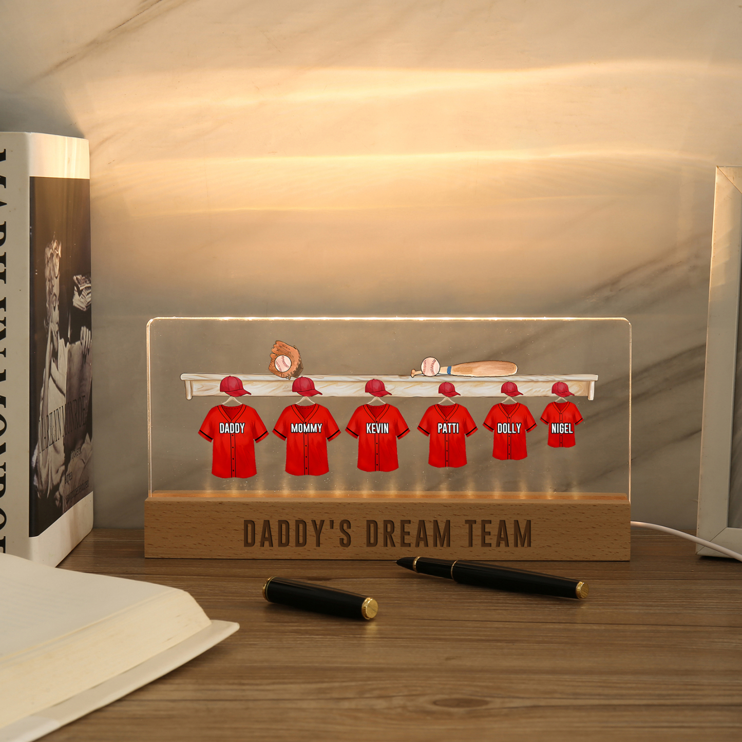 6 Names - Personalised Baseball Jersey Desk Lamp - Dad's Dream Team - Father's Day Gift for Dad
