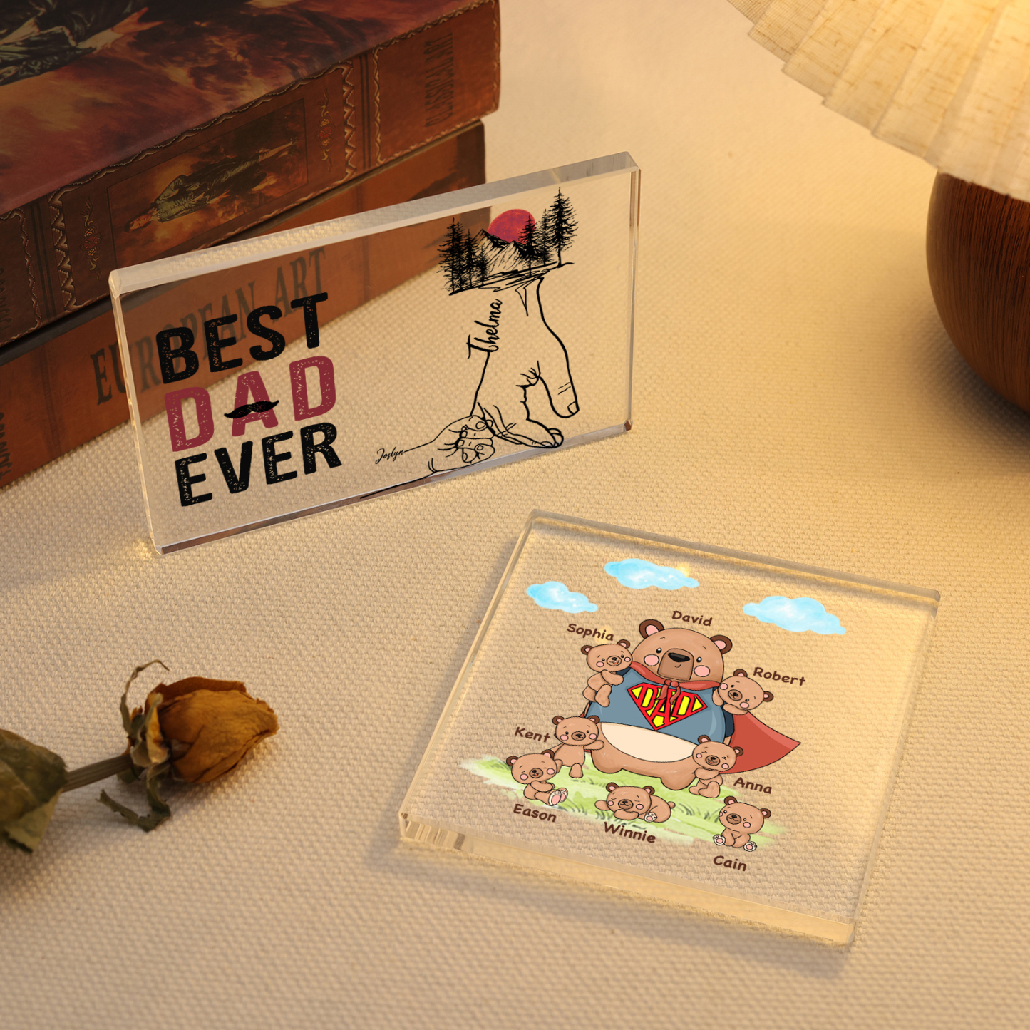 8 Names-Personalised Super Bear Family Acrylic Keepsake-Custom Text and Names-Acrylic Plaque Home Decoration Gift for Dad/Grandad