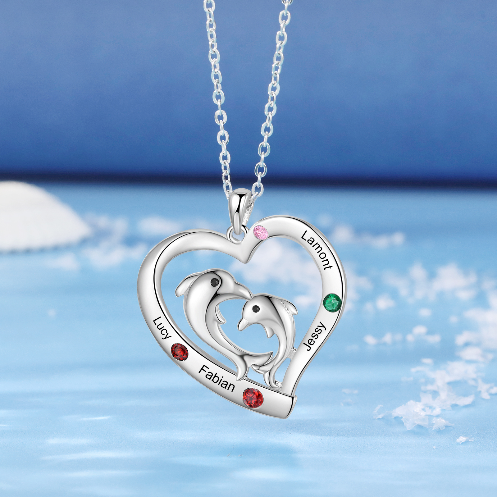 4 Names - Personalised Beautiful Dolphin Heart Necklace with Customized Name and Birthstone Gift for Her