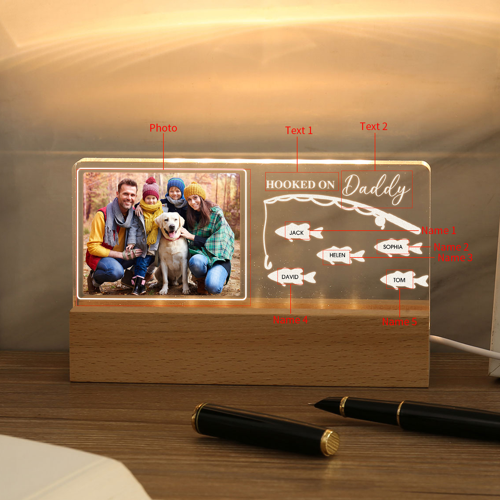 5 Names - Personalised Photo Fishing Pattern Desk Lamp Father's Day Gift For Dad