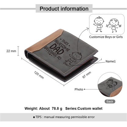 1 Name-Personalised Doll Customized Leather Men's Wallet Customized Name Folding Grey Wallet for Dad