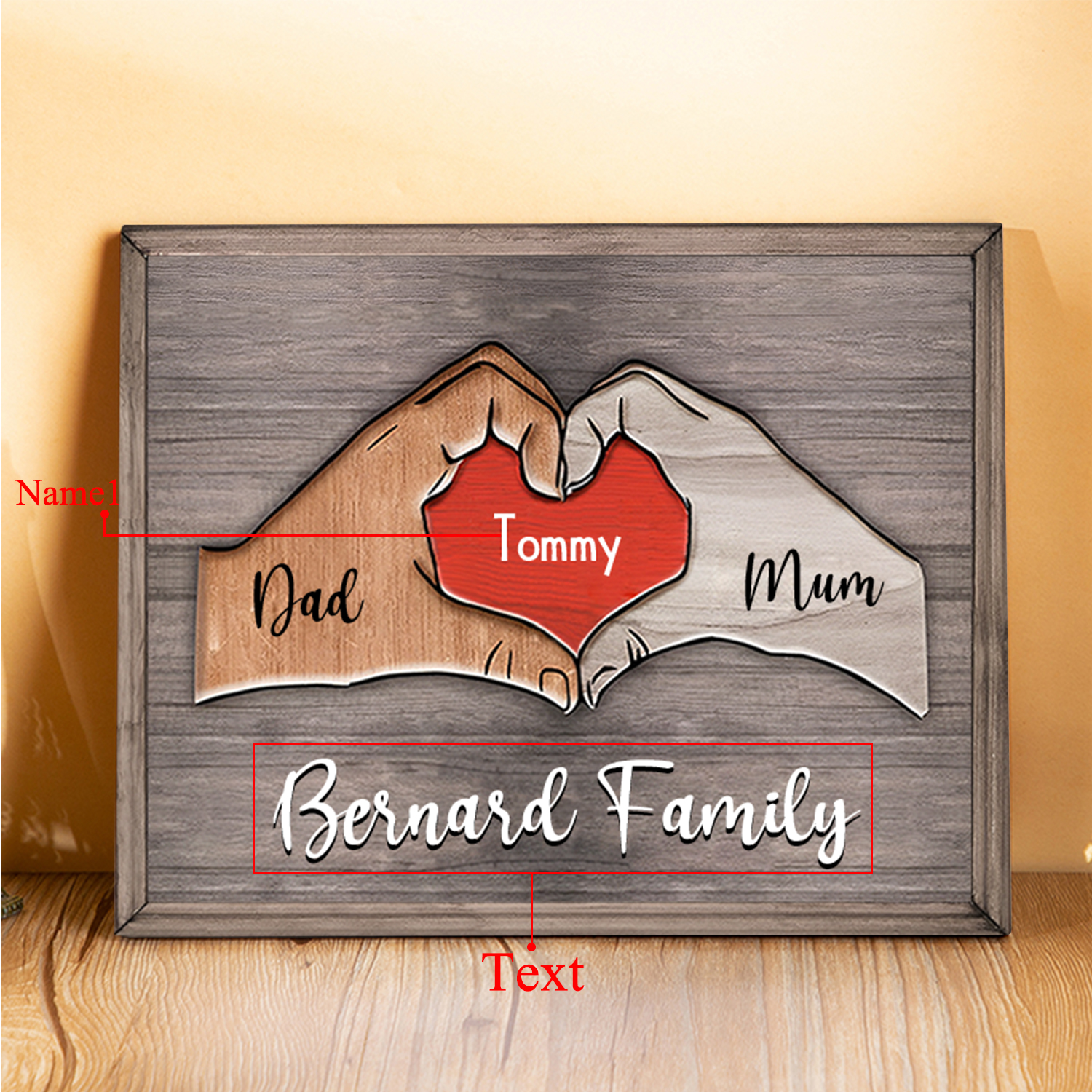 1 Name - Personalised Love Heart Customized Name and Text Wooden Ornament Father's Day Gift for Dad