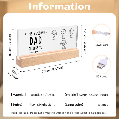 4 Names & Doll Gender - Personalised Lamp -This Awesome Dad  Belongs To - Father's Day Gift for Dad