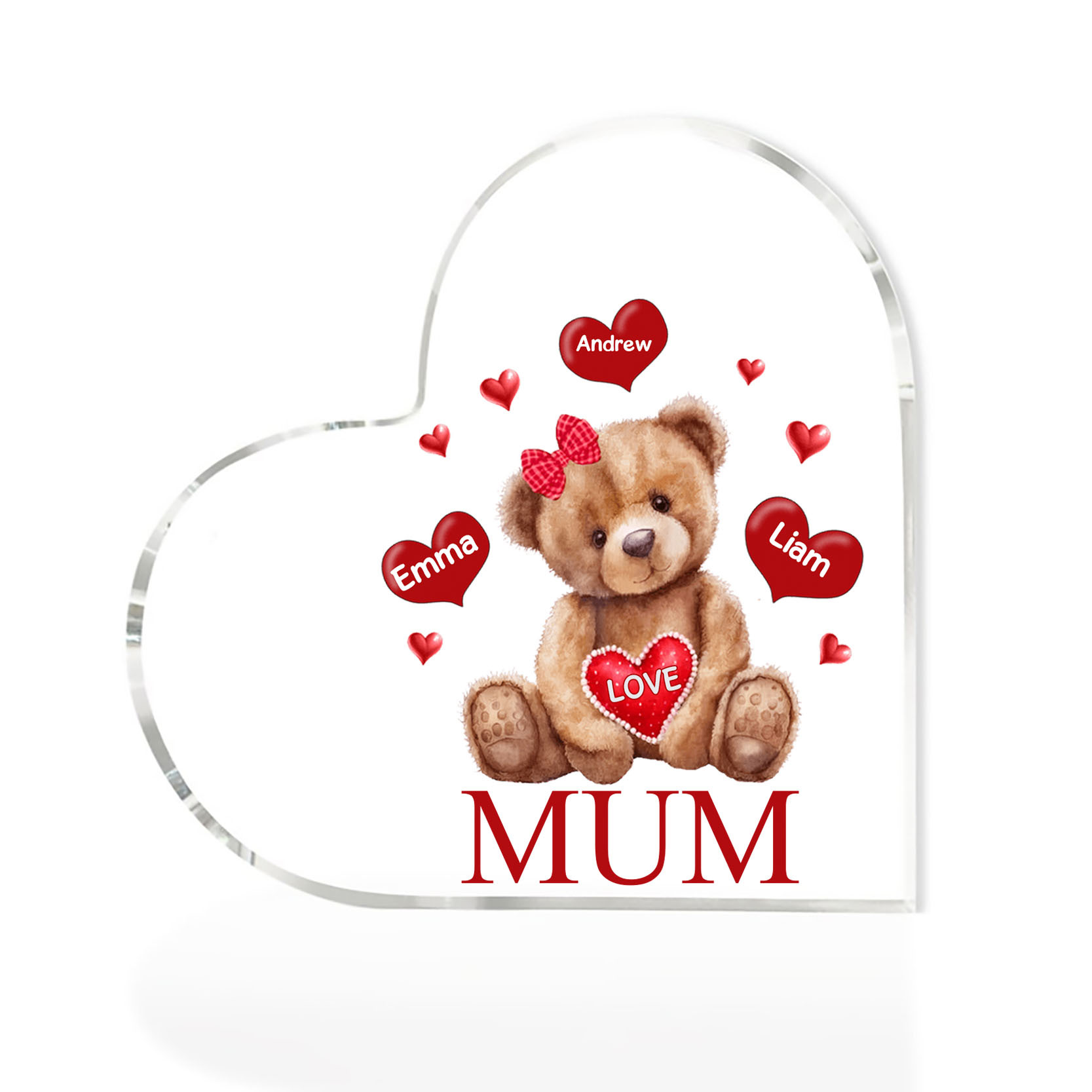 3 Names-Personalised Mum Acrylic Heart Keepsake Custom Text Love Teddy Bear Ornaments Gifts Set With Gift Box for Grandma/Mother