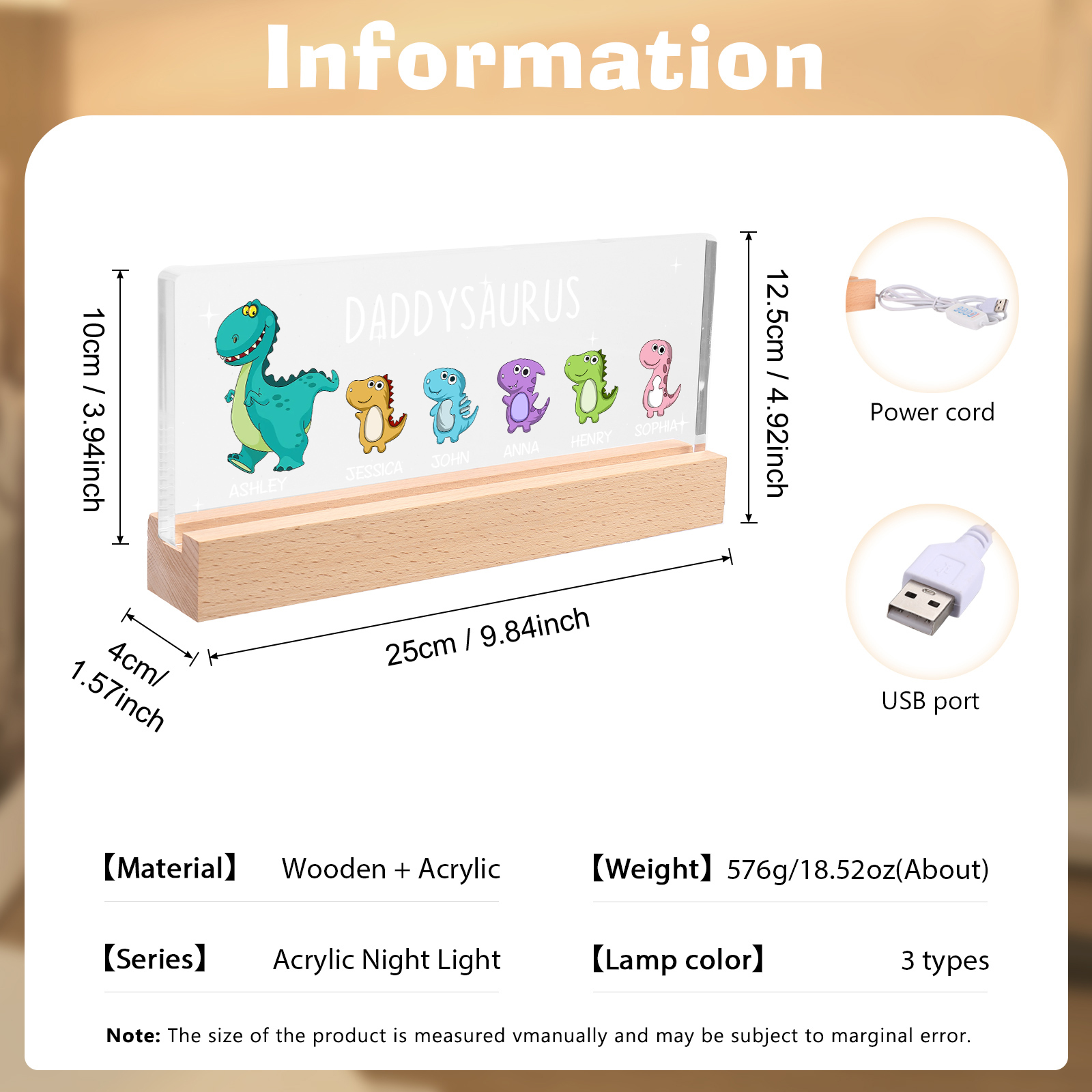 6 Names - Personalised Cute Dinosaur Pattern Beautiful Table Lamp Father's Day Gift for Dad