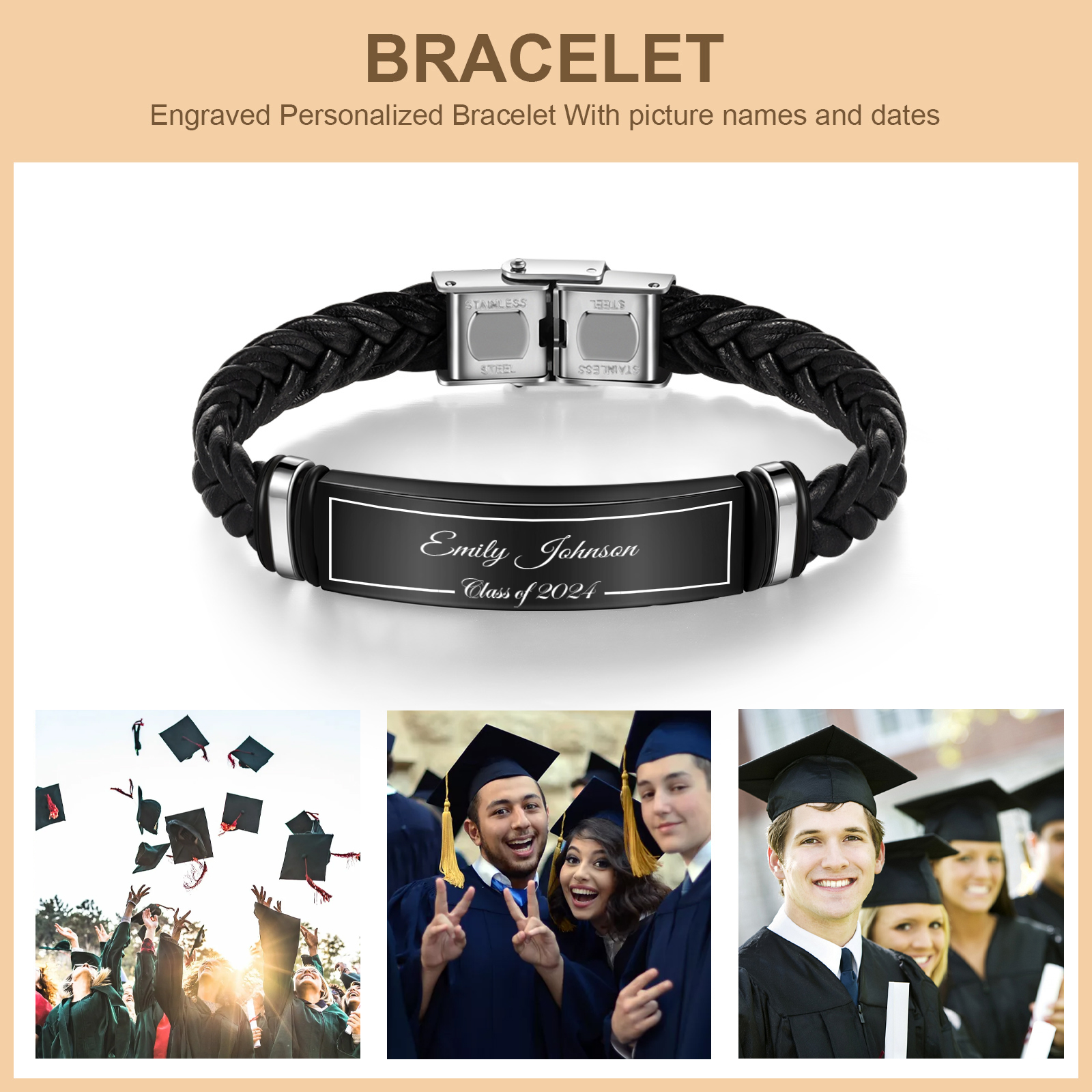 2024 Graduation Gifts - Personalised Year and Name Men's Bracelet, Gift for Him
