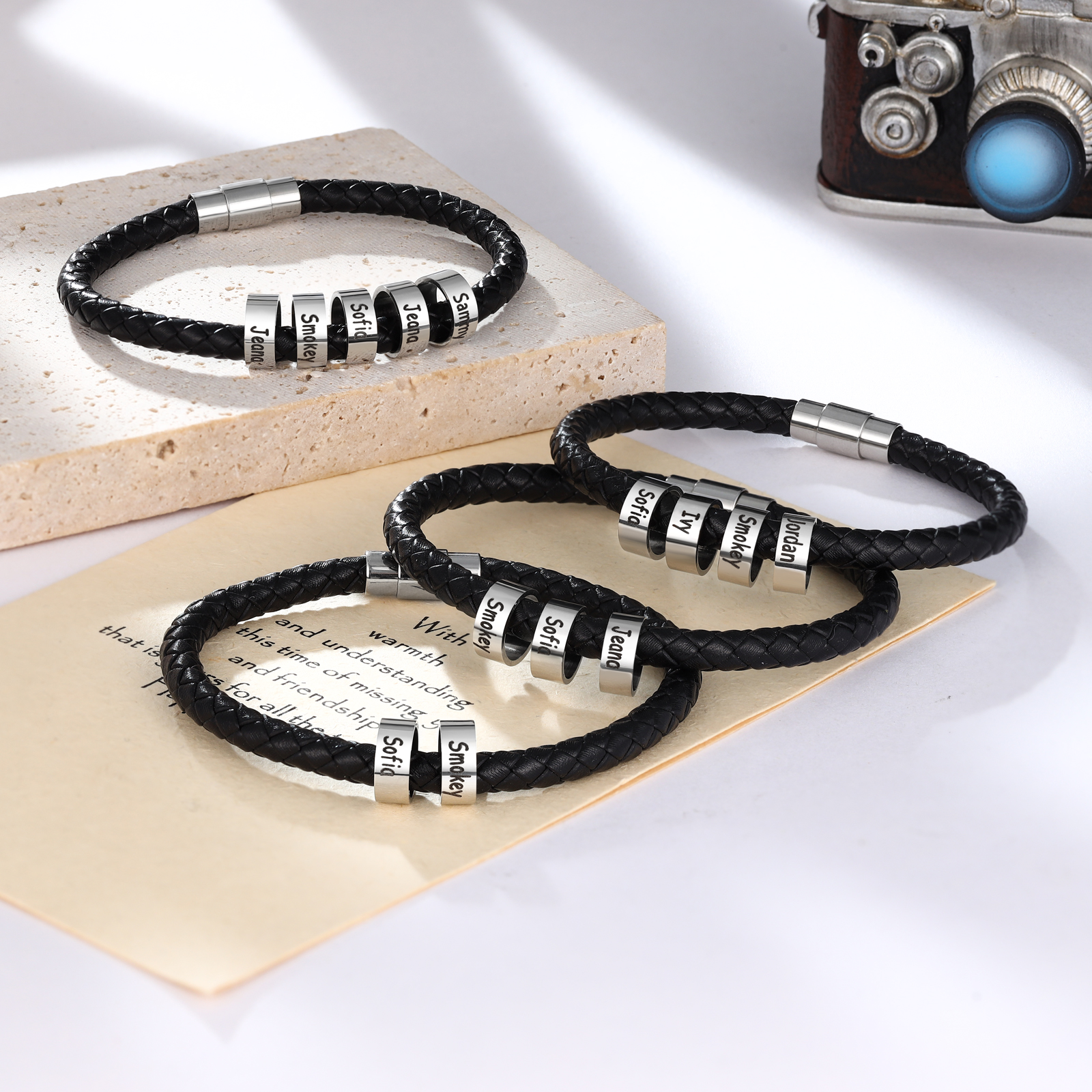 Men Leather Braided Rope Bracelet with 4 Sterling Silver Custom Beads Engarved 4 Family Names Black Bracelet for Men