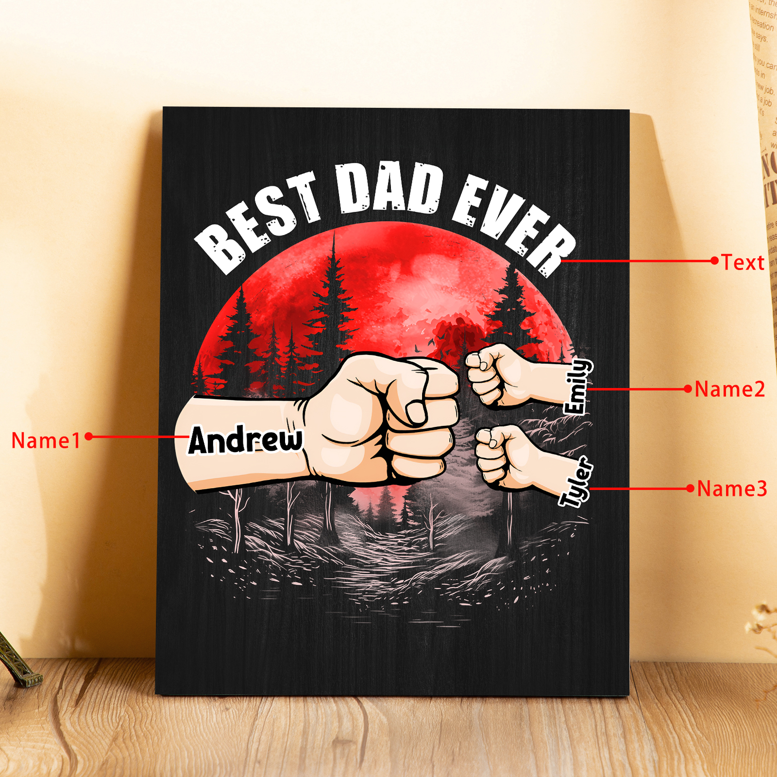 3 Names - Personalised Wooden Ornament Fist Bump Red Forest Style Engraved Name and Text Ornament for Dad