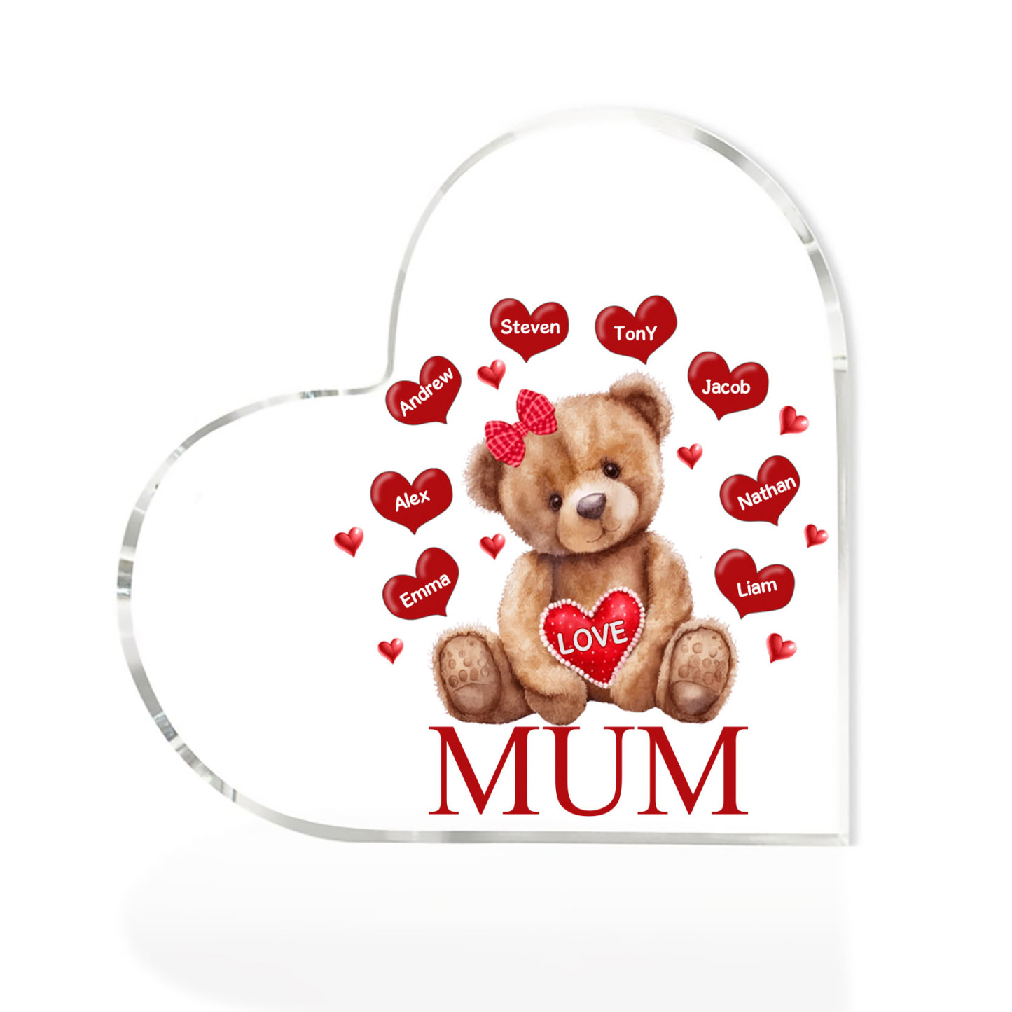 8 Names-Personalised Mum Acrylic Heart Keepsake Custom Text Love Teddy Bear Ornaments Gifts Set With Gift Box for Grandma/Mother