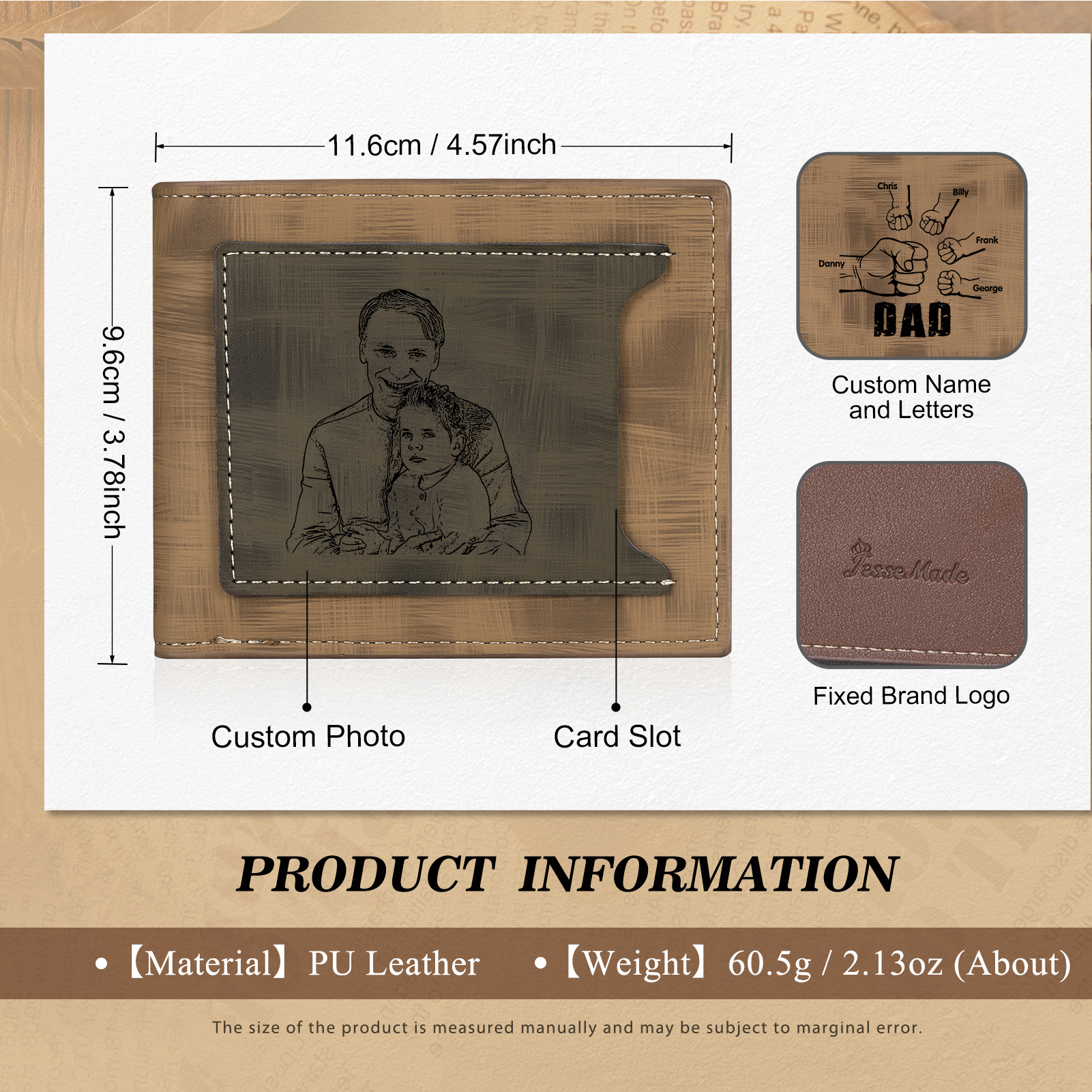 5 Names - Personalised Photo Custom Leather Men's Wallet as a Father's Day Gift for Dad