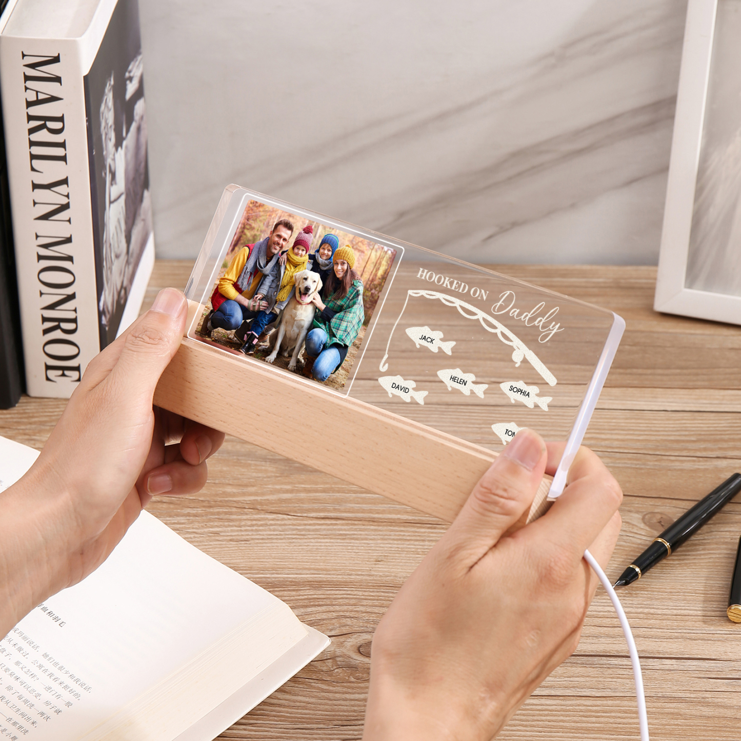 5 Names - Personalised Photo Fishing Pattern Desk Lamp Father's Day Gift For Dad