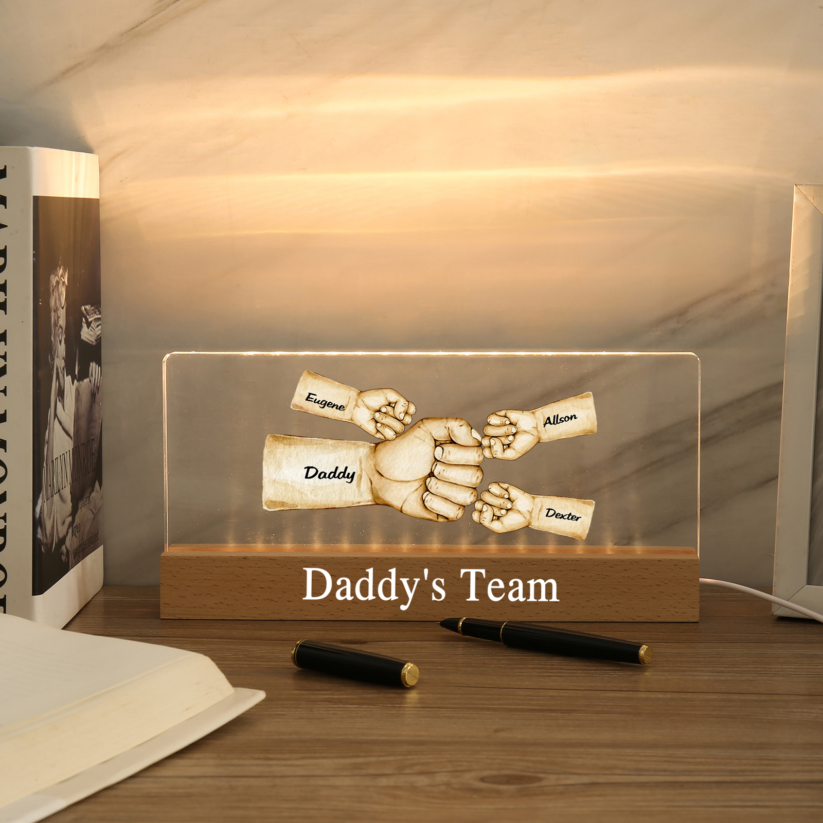 4 Names - Personalised Fist Bump Pattern Table Lamp Customized Text Father's Day Gift for Dad