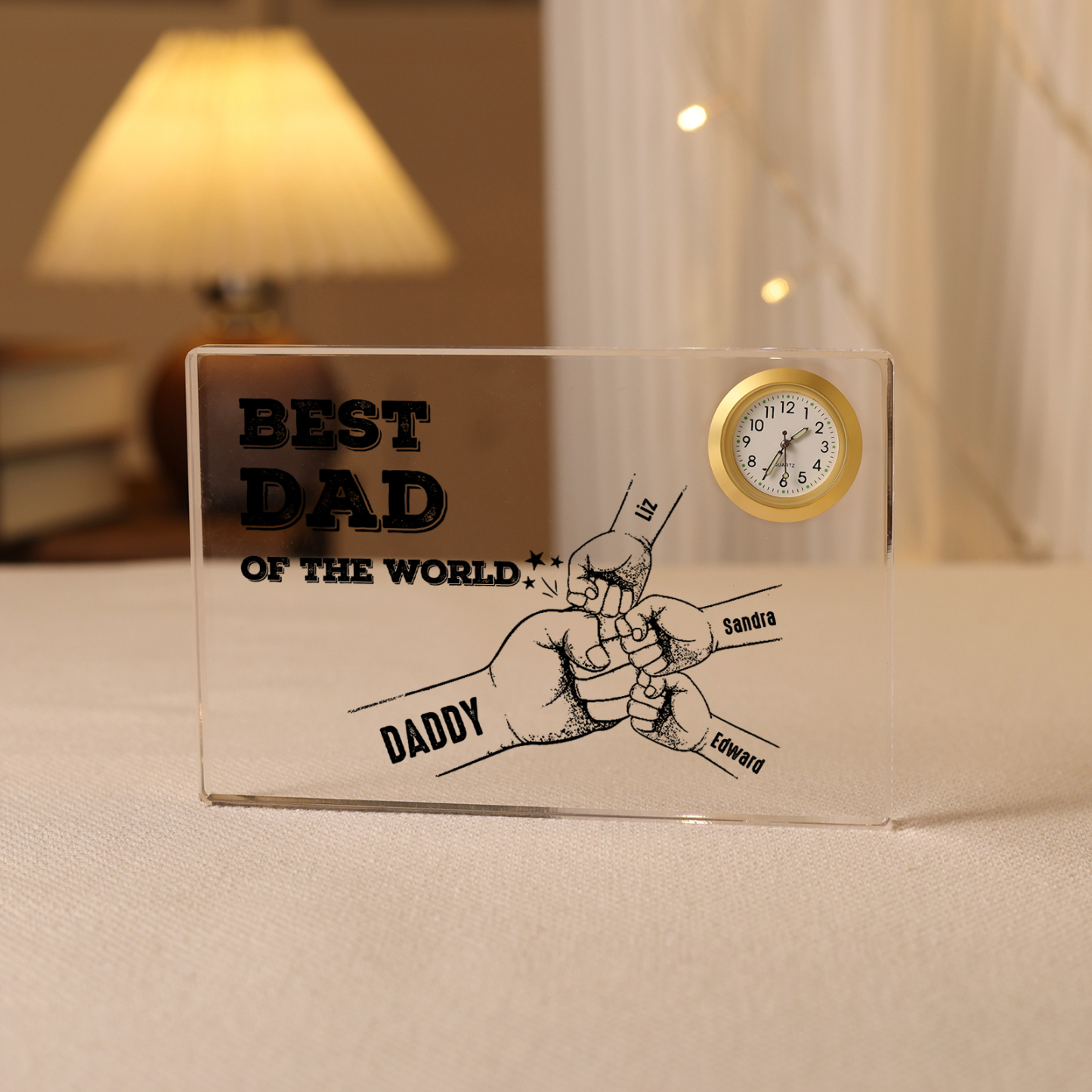 4 Names - Personalised Fist Bump Acrylic Rectangular Clock Ornament Father's Day Gift for Dad