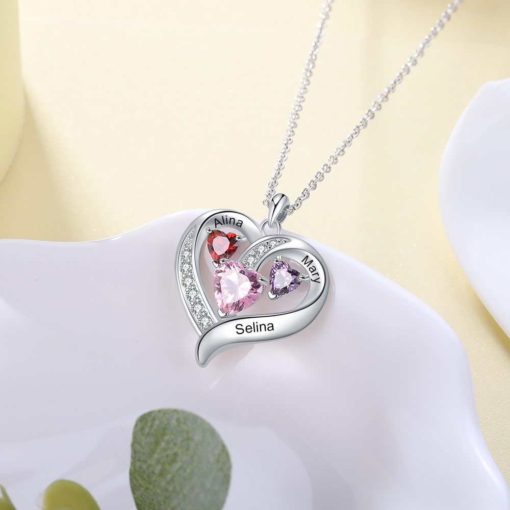 Personalised Heart Necklace With 3 Birthstones Engraved Names Gift For Her