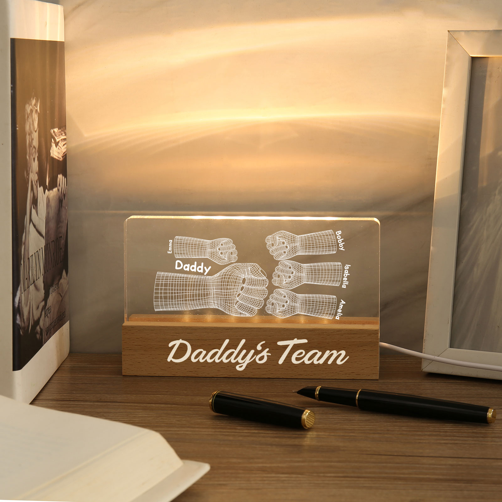 5 Names Personalised Fist Bump Pattern Night Light Custom Text LED Light Father's Day Gift for Dad