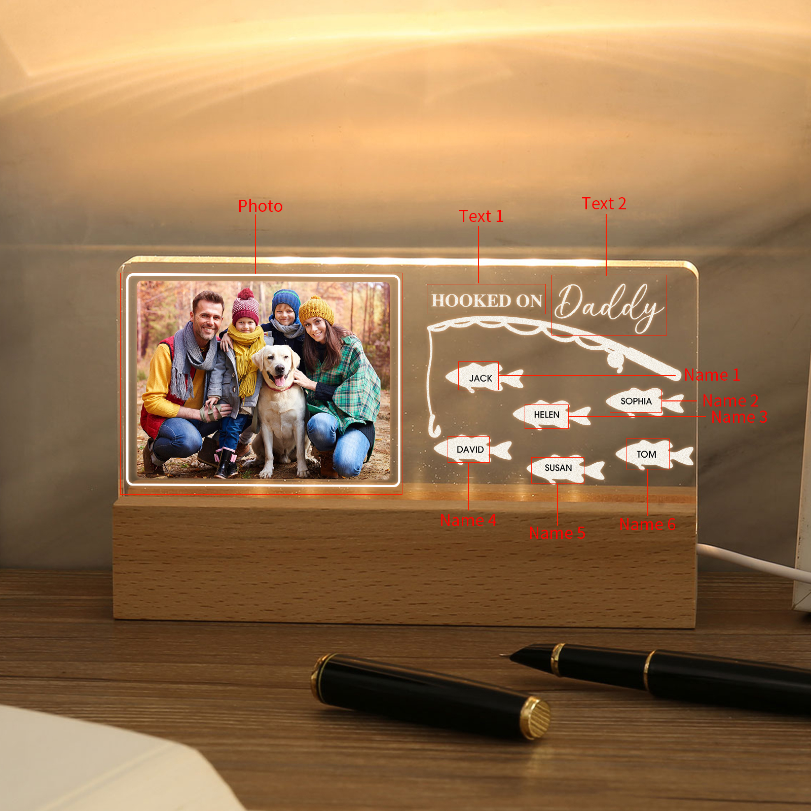6 Names - Personalised Photo Fishing Pattern Desk Lamp Father's Day Gift For Dad