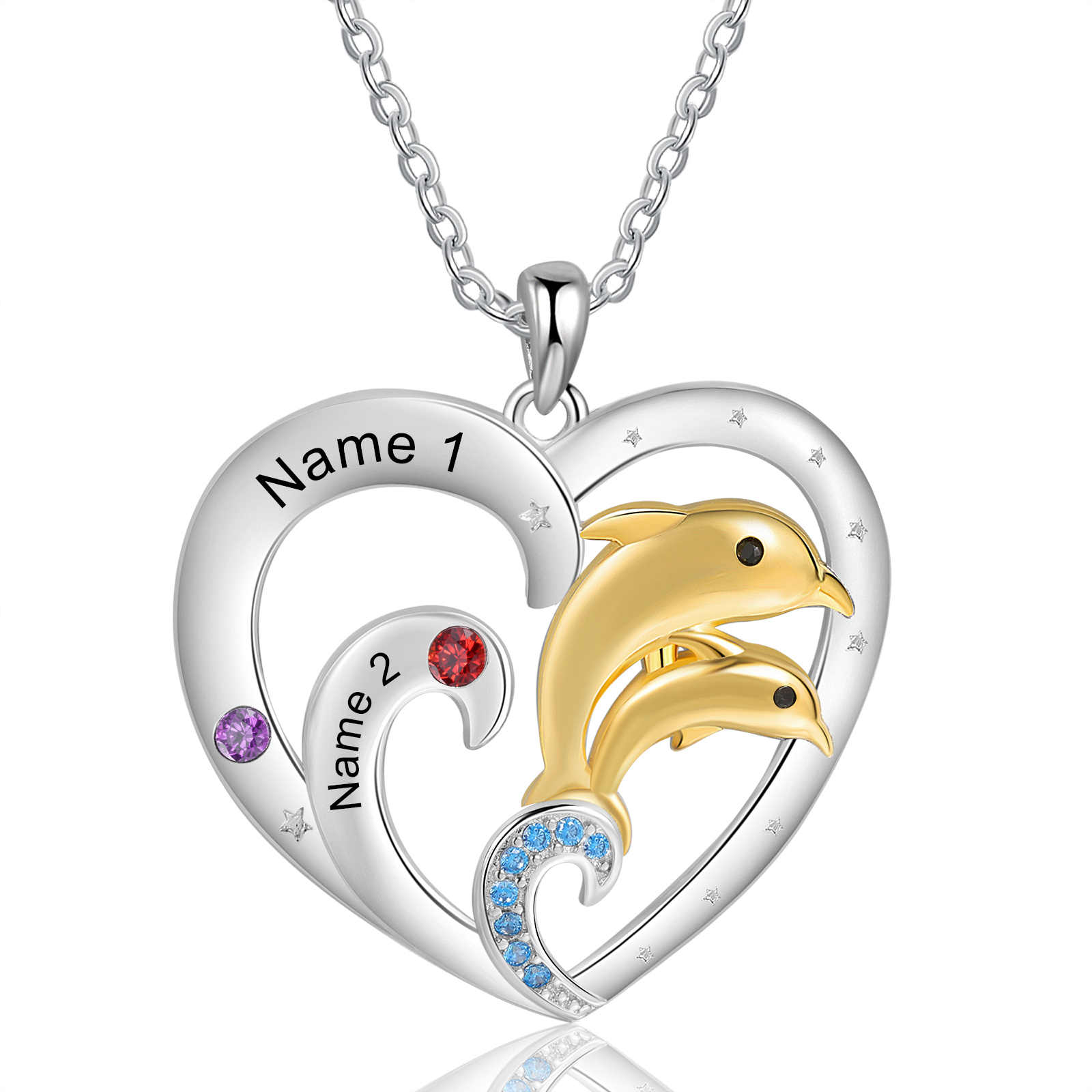 2 Names - Personalised Beautiful Dolphin Heart Necklace with Customized Name and Birthstone Gift for Her