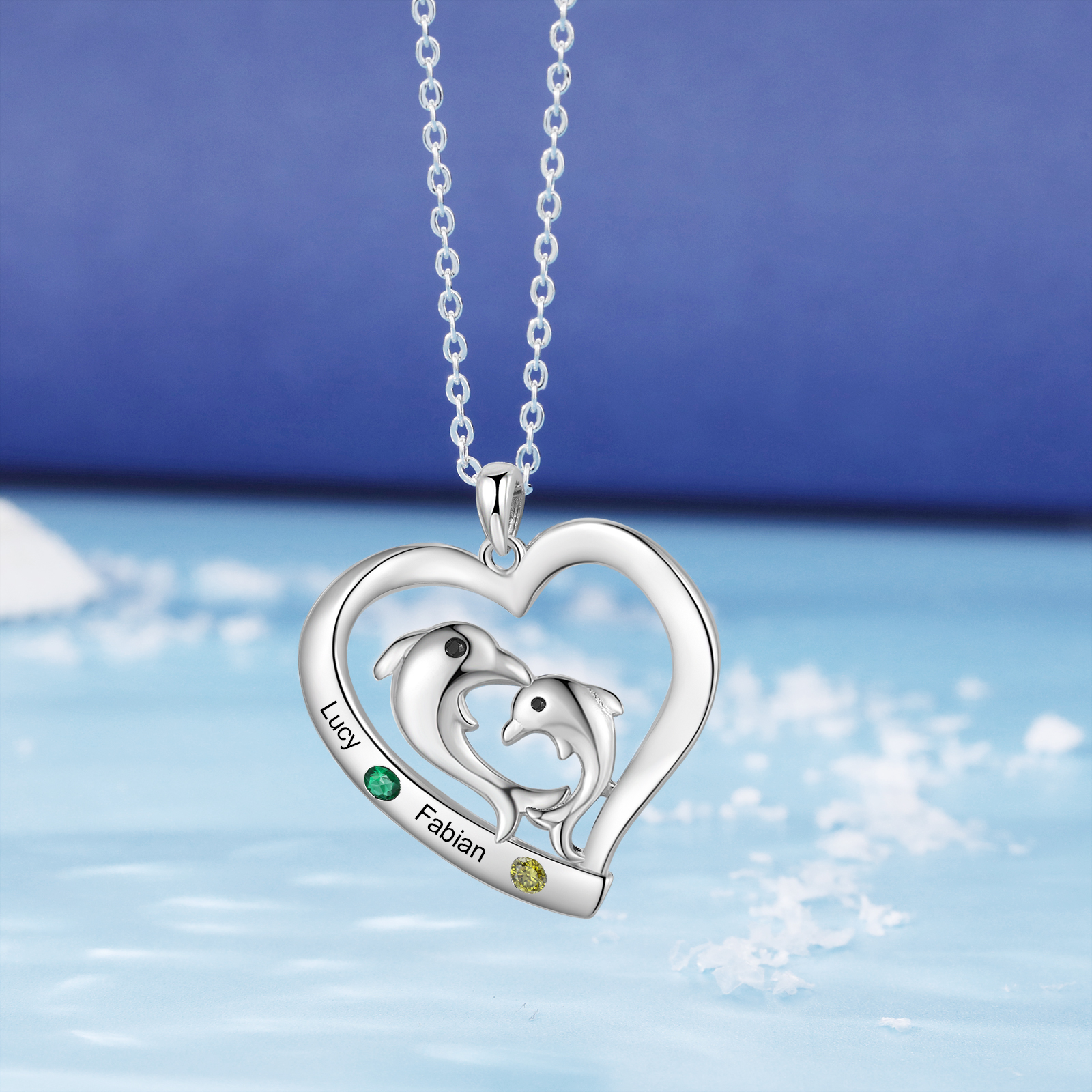2 Names - Personalised Beautiful Dolphin Heart Necklace with Customized Name and Birthstone Gift for Her