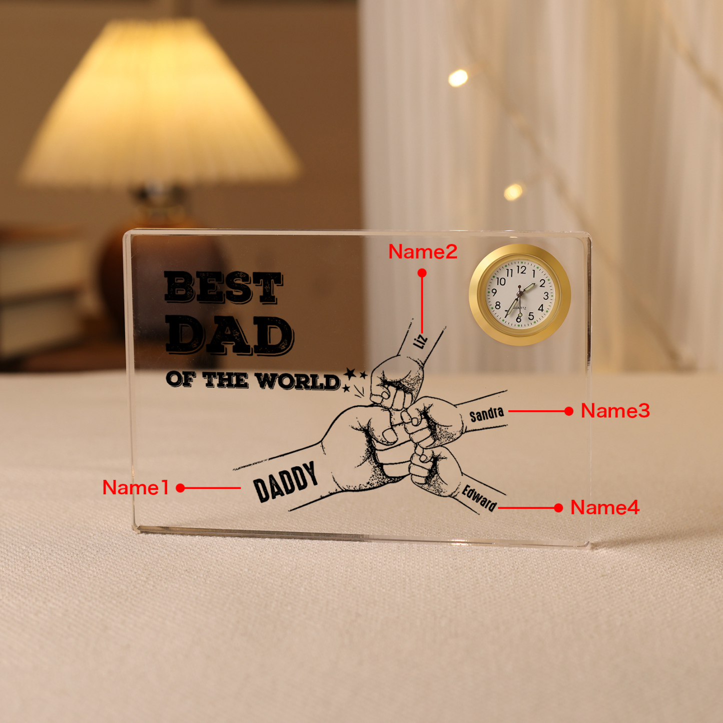 4 Names - Personalised Fist Bump Acrylic Rectangular Clock Ornament Father's Day Gift for Dad