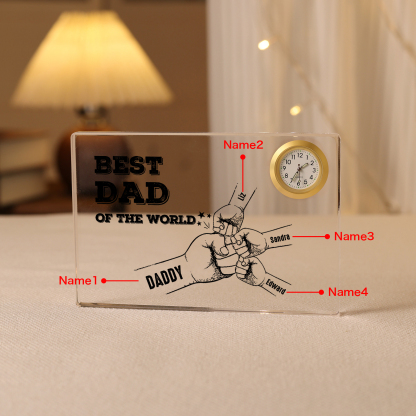 4 Names - Personalised Fist Bump Acrylic Rectangular Clock Ornament Father's Day Gift for Dad
