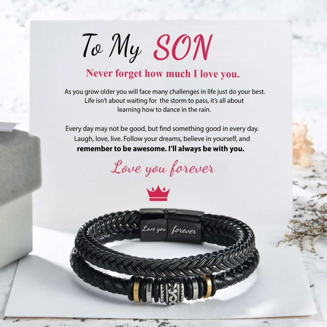 To My Son I Will Always Be With You Braided Leather Bracelet- 9 Inches