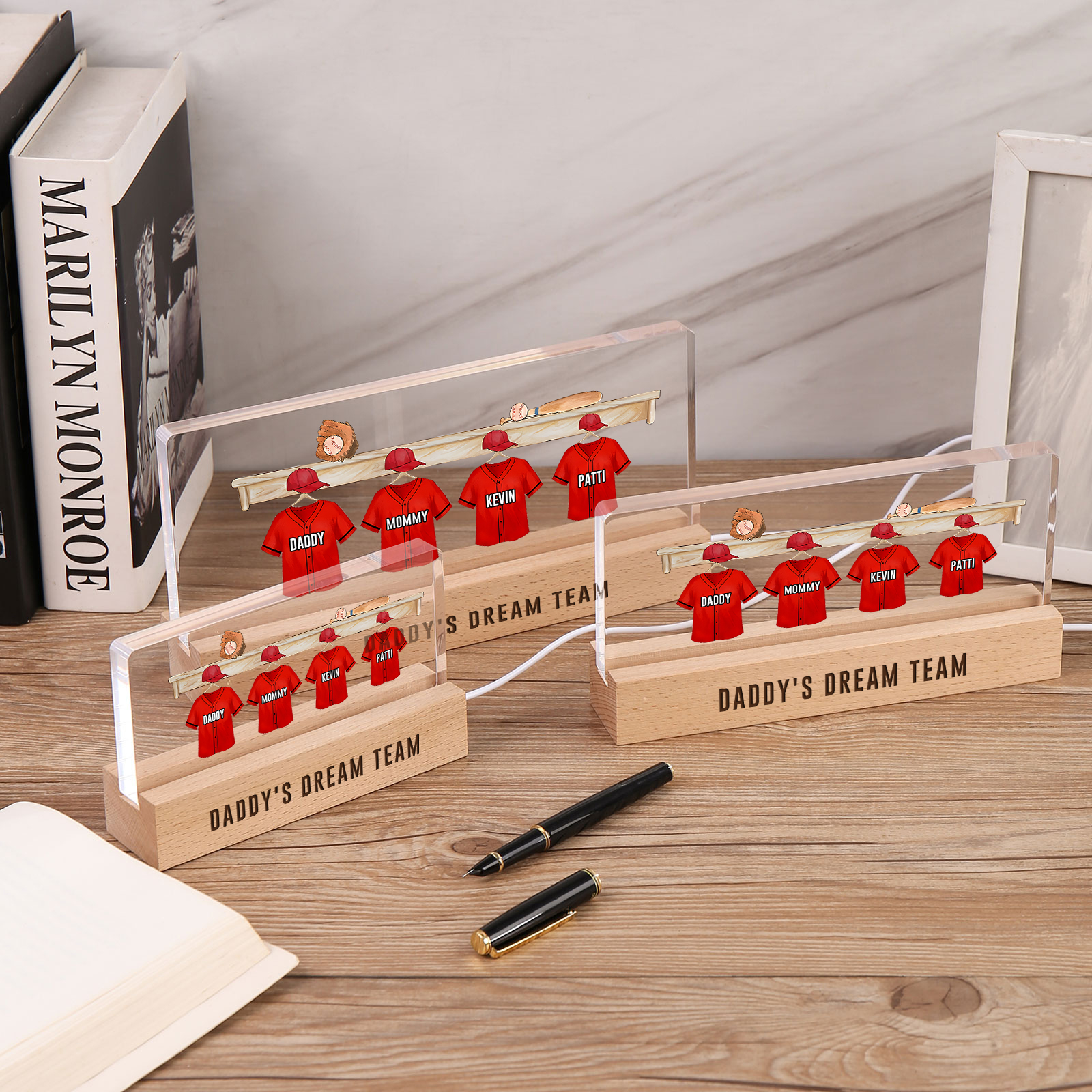 4 Names - Personalised Baseball Jersey Desk Lamp - Dad's Dream Team - Father's Day Gift for Dad