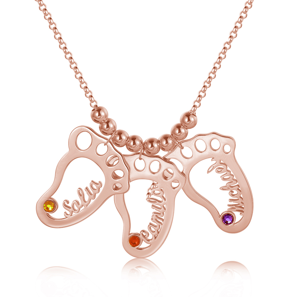 Personalised Baby Foot Necklace With 3 Birthstones Engraved Names Gift For Mother