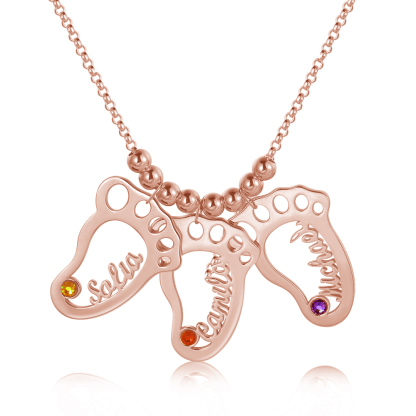 Personalised Baby Foot Necklace With 3 Birthstones Engraved Names Gift For Mother