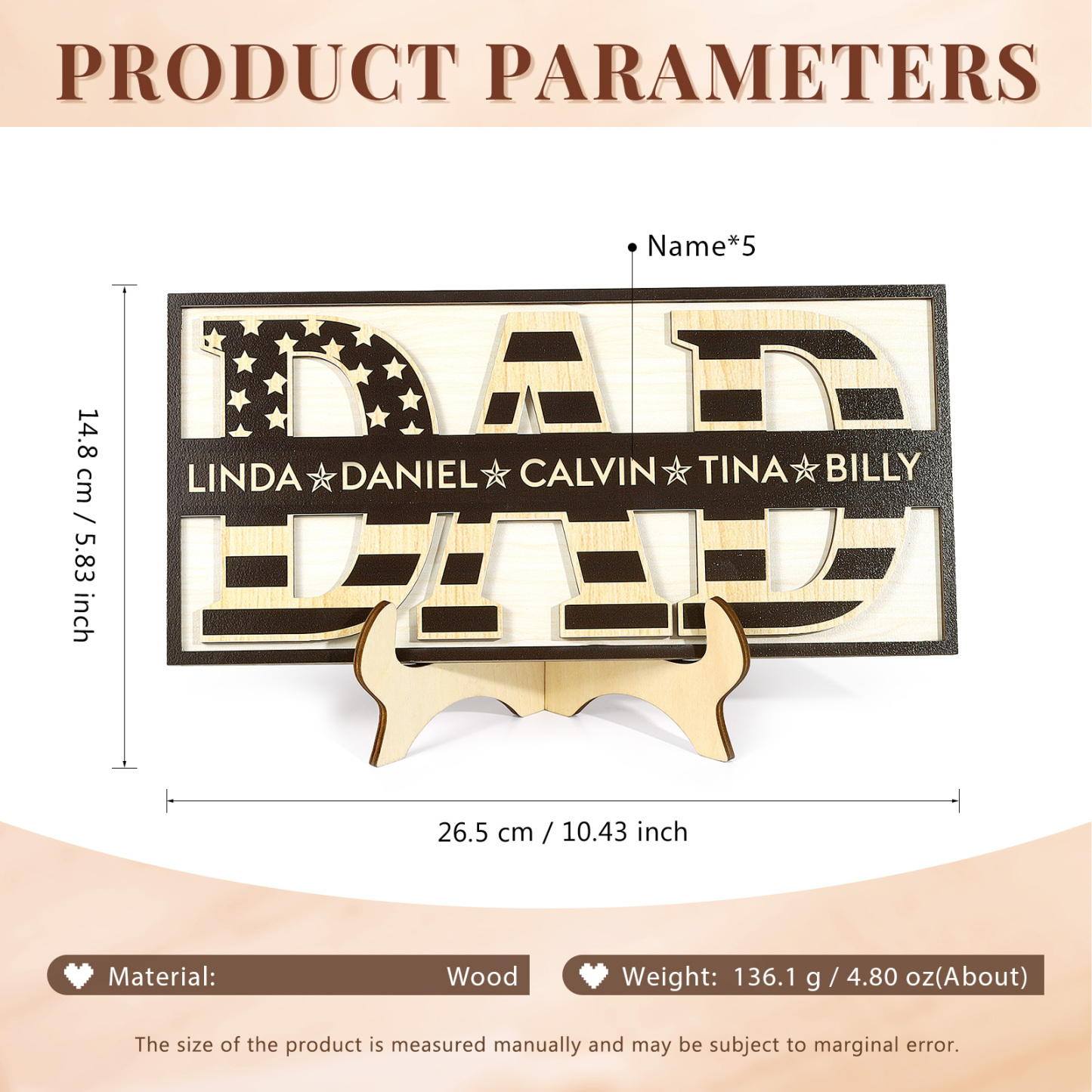 5 Names - Personalised Wood Ornament Engraved with Dad Text Support Customized Name Ornament Father's Day Gift for Dad