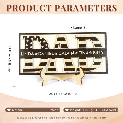 5 Names - Personalised Wood Ornament Engraved with Dad Text Support Customized Name Ornament Father's Day Gift for Dad