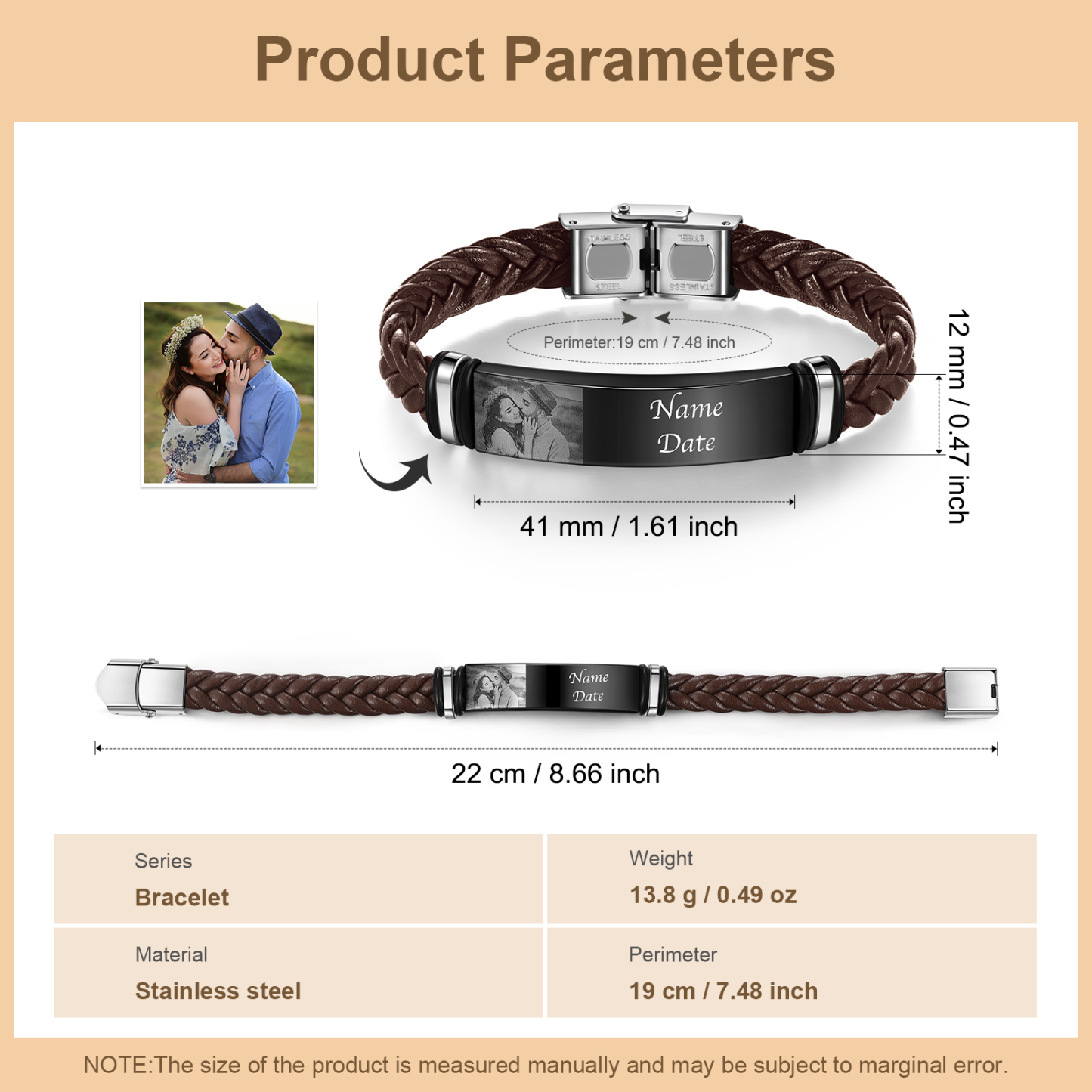 Personalised PU Leather Men's Photo Bracelet, Custom Name Bracelet Vintage Gift for Him