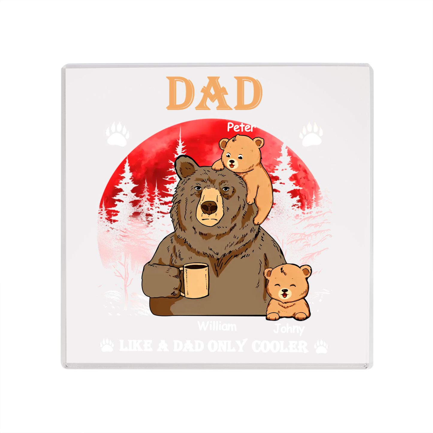 3 Names - Personalised Bear Family Pattern Custom Name Acrylic Square Ornament Father's Day Gift