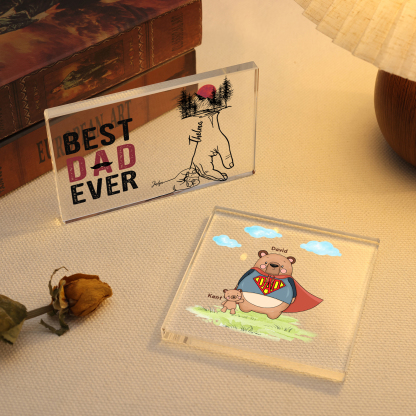 2 Names-Personalised Super Bear Family Acrylic Keepsake-Custom Text and Names-Acrylic Plaque Home Decoration Gift for Dad/Grandad