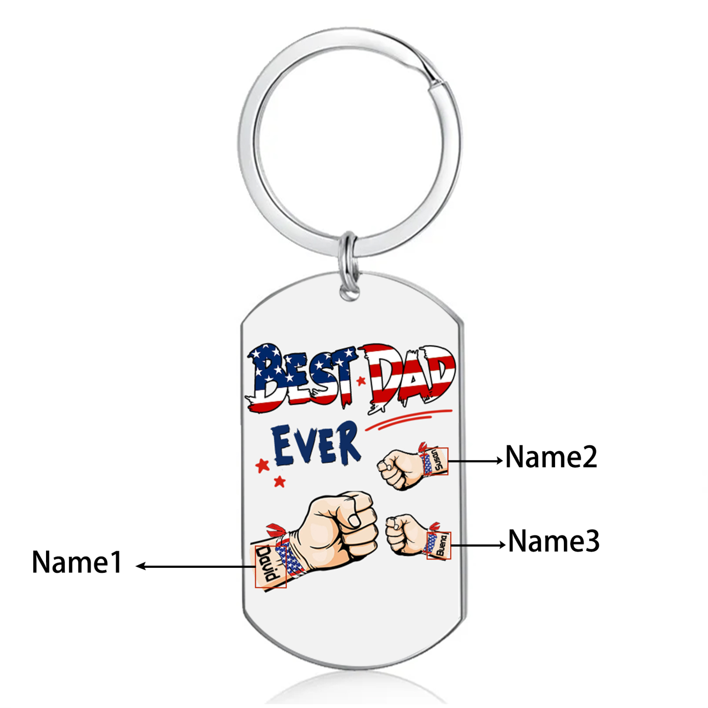 3 Names - Personalized Custom Fist Bump Keychain Gift "Best Dad Ever" Special Keychain Gift for Dad