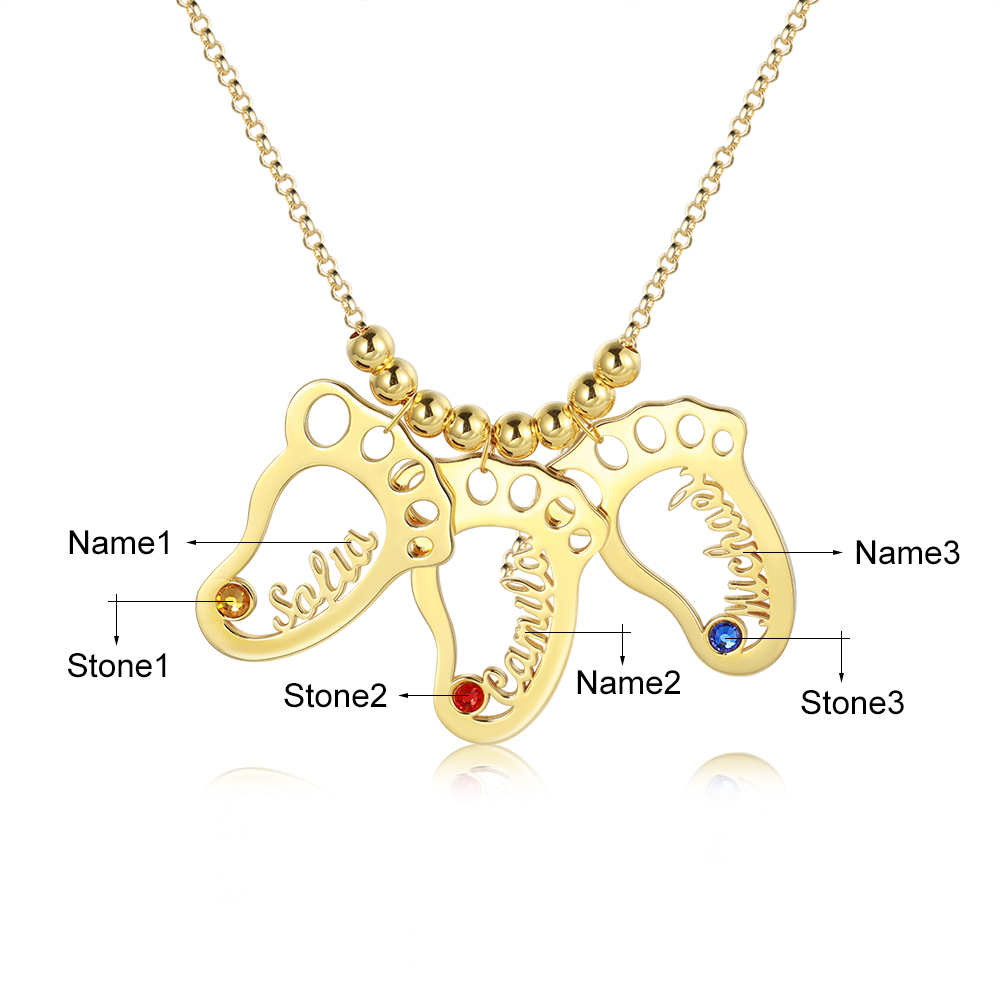 Personalised Baby Foot Necklace With 3 Birthstones Engraved Names Gift For Mother