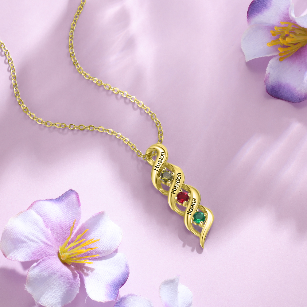 3 Names-Personalised Necklace Cascading Pendant with 3 Birthstones Engraving 3 Names Gifts for Her